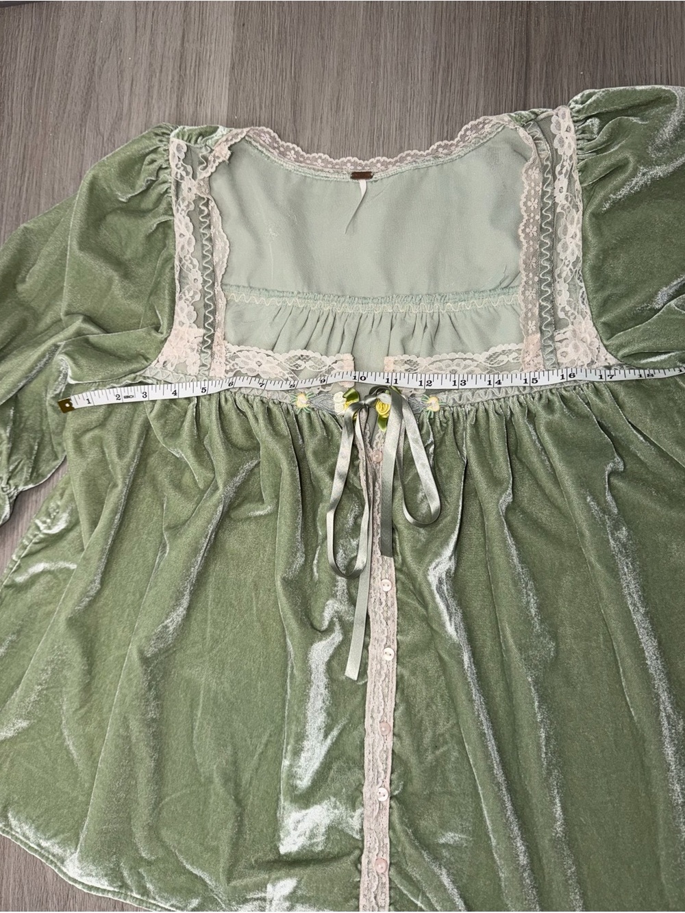 Free People Sage Green Velvet Blouse with Lace Trim - Picture 6 of 16